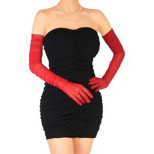 Women's Red Sexy Tulle Sheer Mesh Long Satin Gloves Opera Party Prom Costume